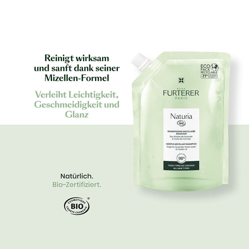 Confezione di ricarica verde chiaro per shampoo René Furterer Naturia con formula micellare, certificata biologica.