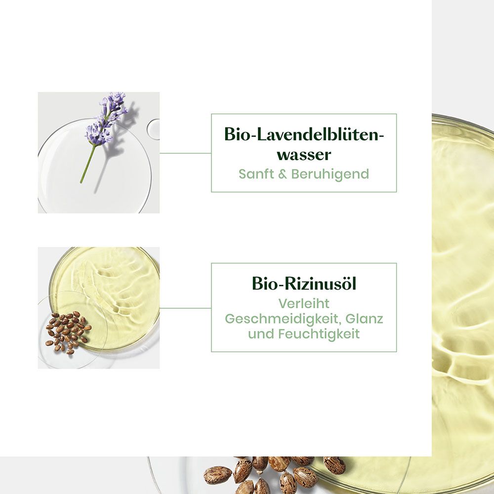 Acqua di fiori di lavanda bio e olio di ricino bio, con indicazioni sulle loro proprietà.
