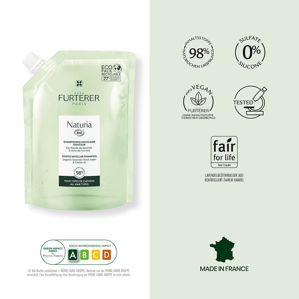 René Furterer Naturia ricarica per shampoo micellare delicato. 98% ingredienti naturali, vegan, senza solfati e siliconi.