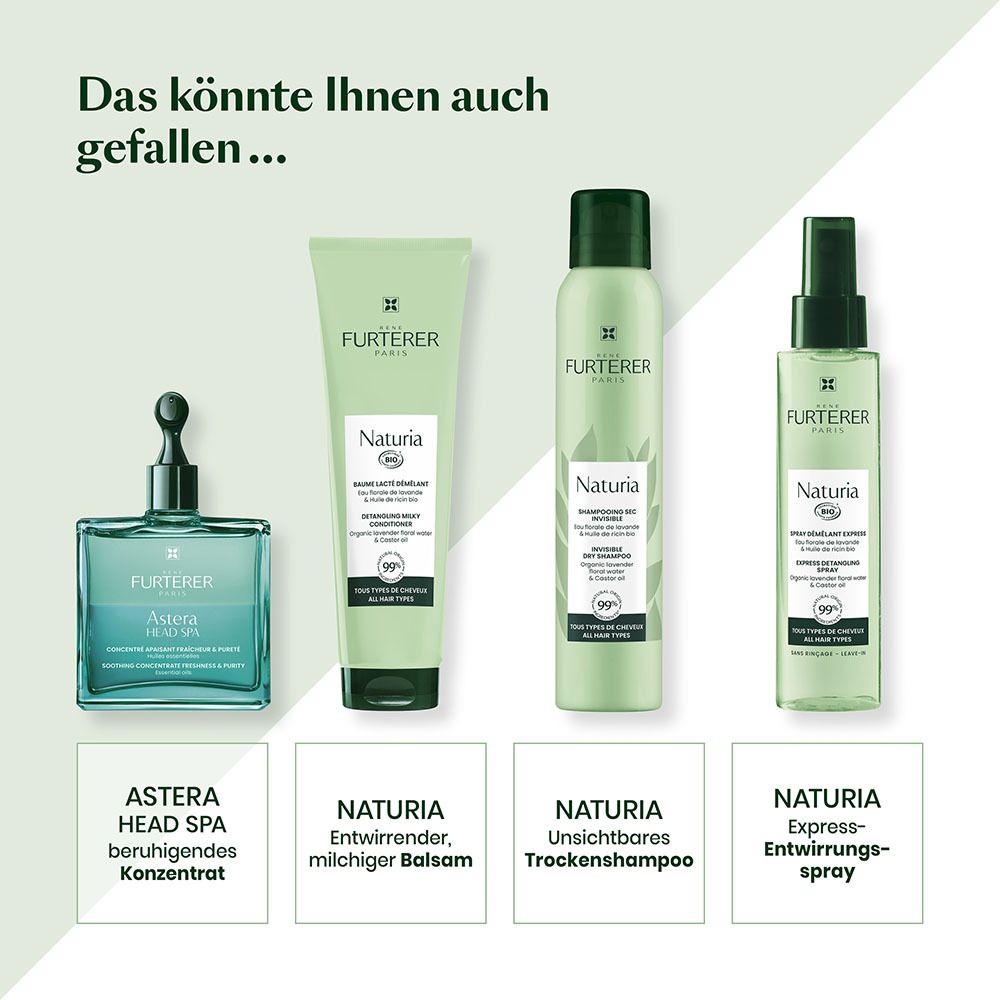 Quattro prodotti per capelli Furterer: Astera Head Spa, balsamo Naturia, shampoo secco e spray districante.