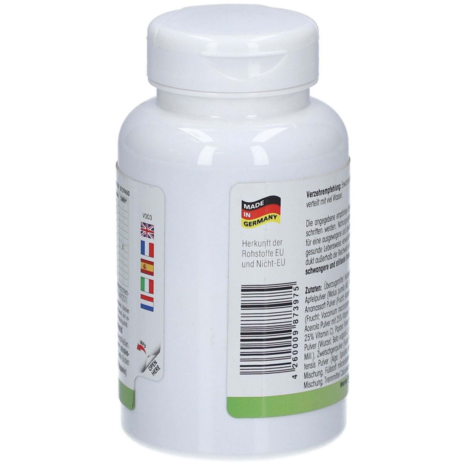Retro del flacone bianco. Prodotto in Germania. Codice a barre e bandiere dei paesi UE ed extra UE.