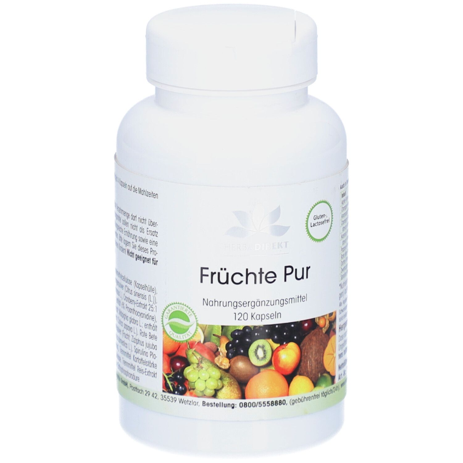 Flacone bianco con "FRÜCHTE PUR" e 120 capsule. Stampa con frutta. Senza glutine e lattosio.