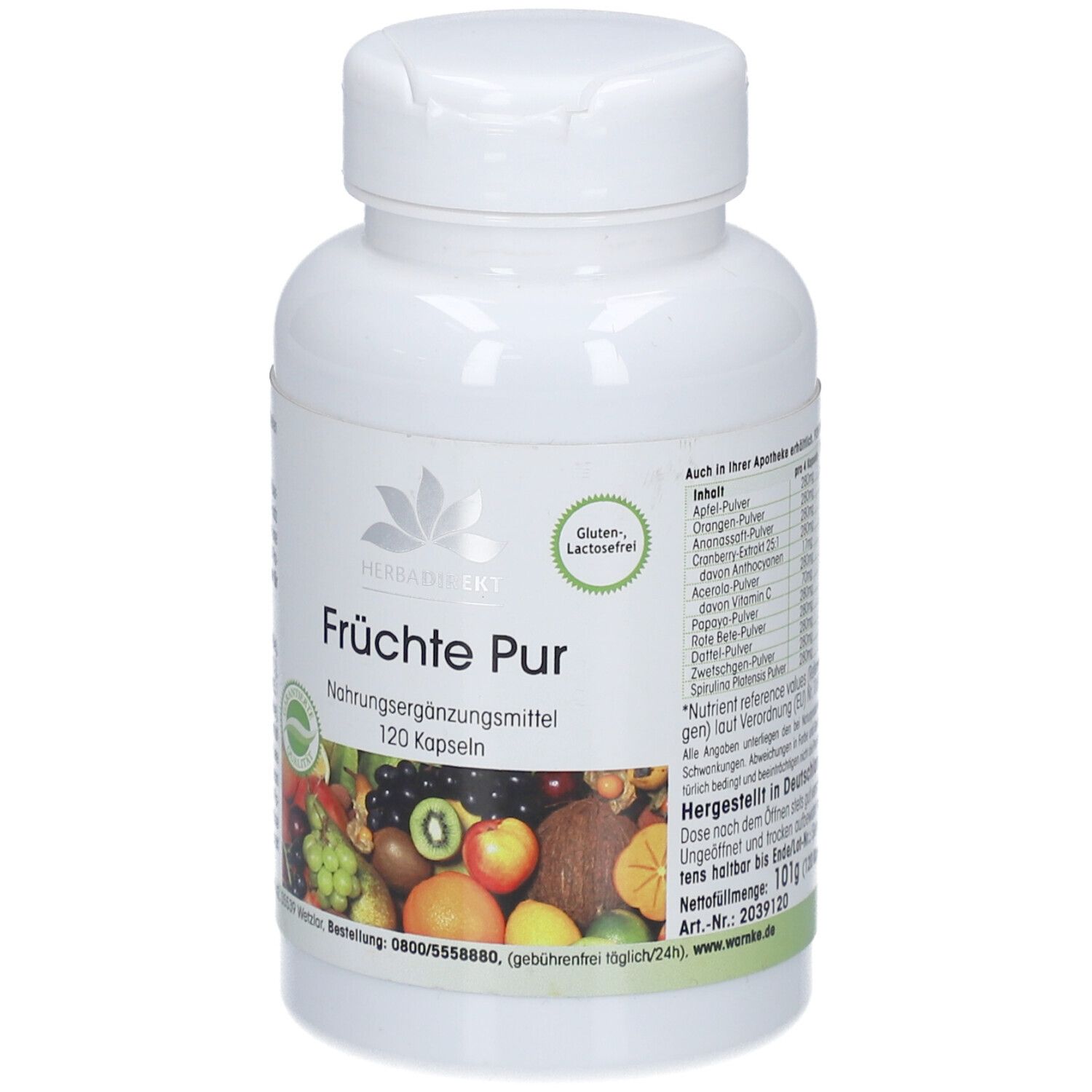 Flacone bianco con "FRÜCHTE PUR" e 120 capsule. Stampa con frutta. Senza glutine e lattosio.