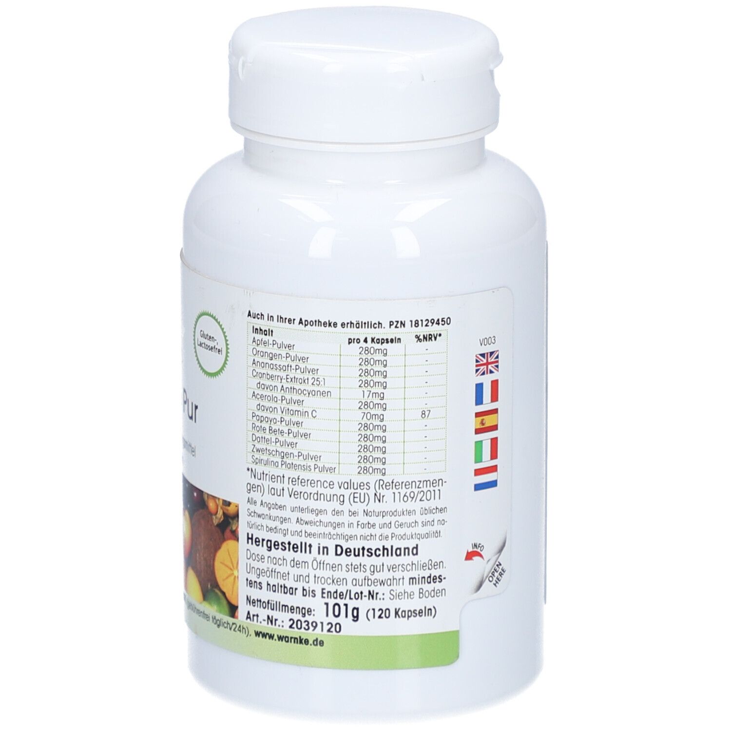 Retro del flacone bianco. Testo con ingredienti e valori nutrizionali. Prodotto in Germania.
