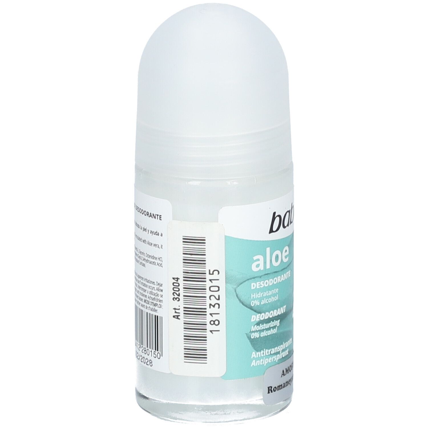 Deodorante roll-on con Aloe Vera. Retro con informazioni. Marchio Babaria, scritta Aloe. Art. 32004, codice a barre, lotto, scadenza.