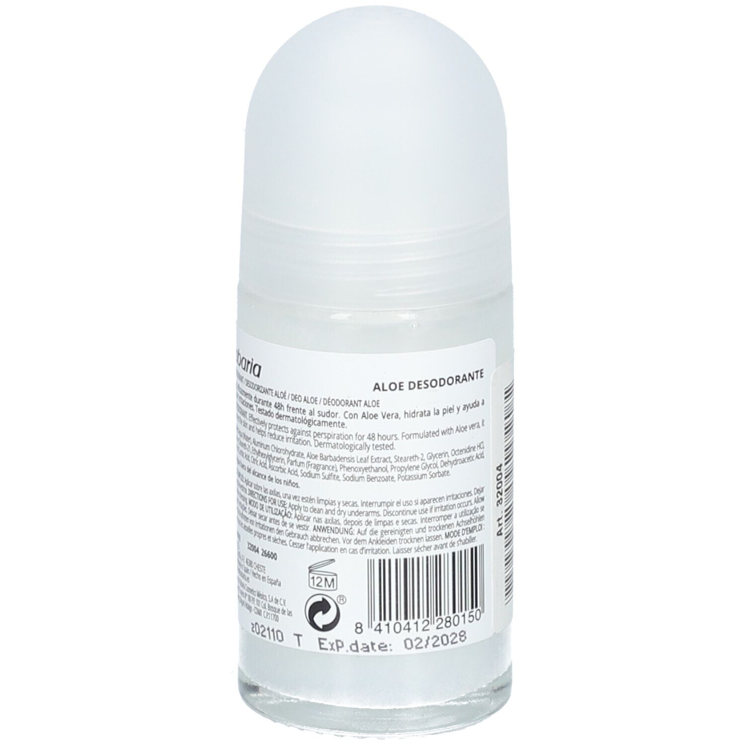Deodorante roll-on con Aloe Vera. Retro con ingredienti e informazioni. Marchio Babaria, scritta Aloe. Scadenza 02/2026.