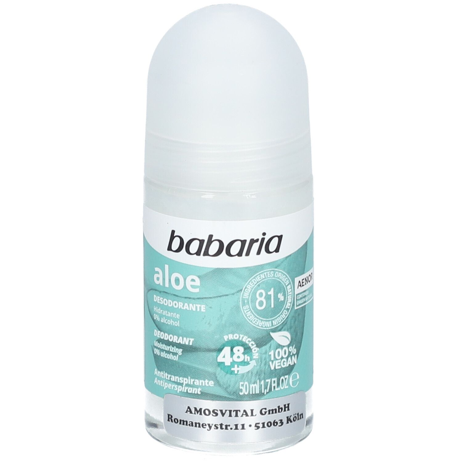 Deodorante roll-on con Aloe Vera. Tappo bianco, flacone trasparente. Marchio Babaria, scritta Aloe. 81% naturale, protezione 48h, vegano.