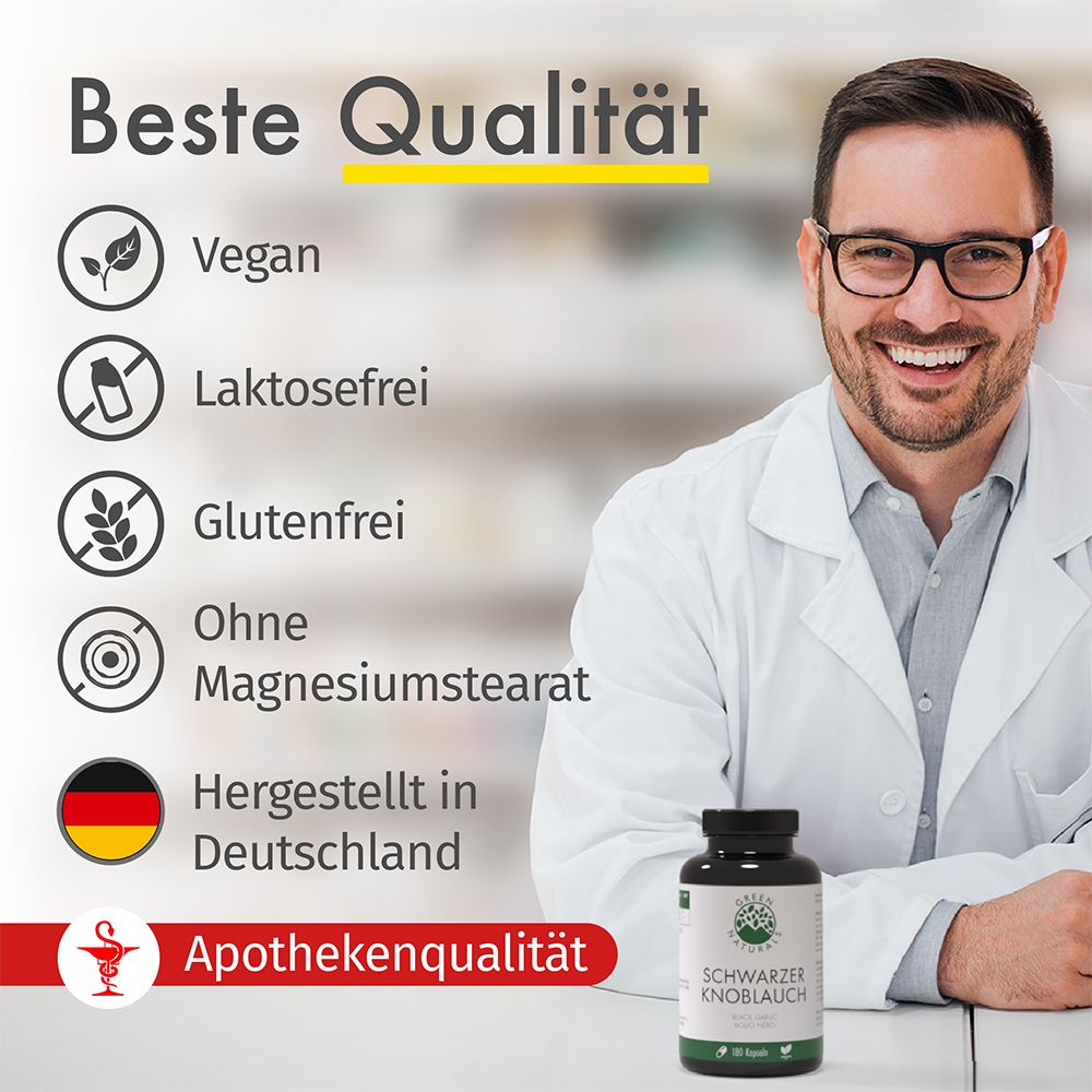 Uomo in camice bianco con prodotto. Vegano, senza lattosio, senza glutine, senza stearato di magnesio. Made in Germany.