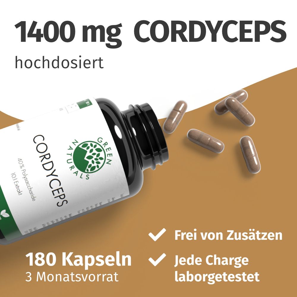 Barattolo con etichetta e capsule sparse. 1400 mg Cordyceps, 180 capsule, scorta di 3 mesi, testato in laboratorio.