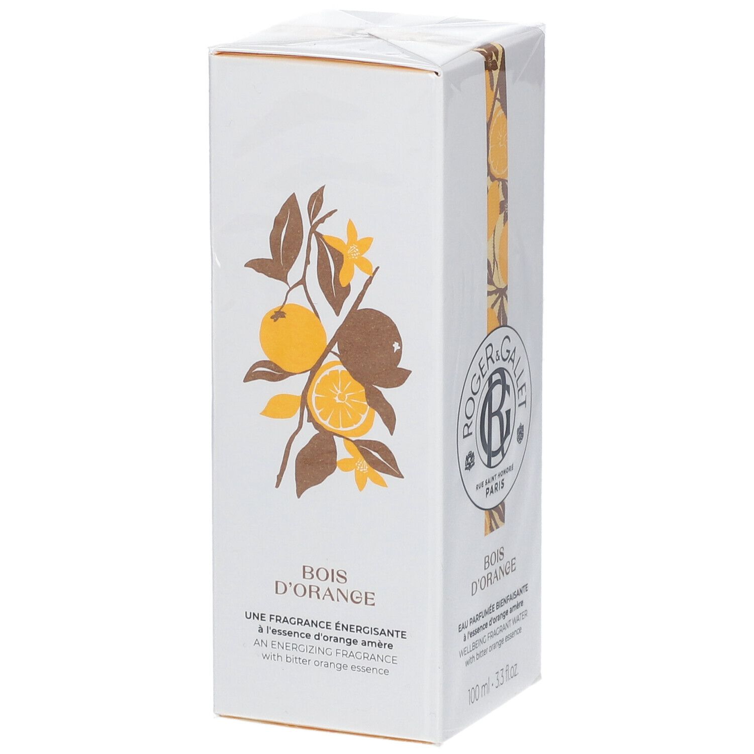 Scatola bianca ROGER & GALLET Bois d'Orange. Illustrazione di arance e fiori. Testo.