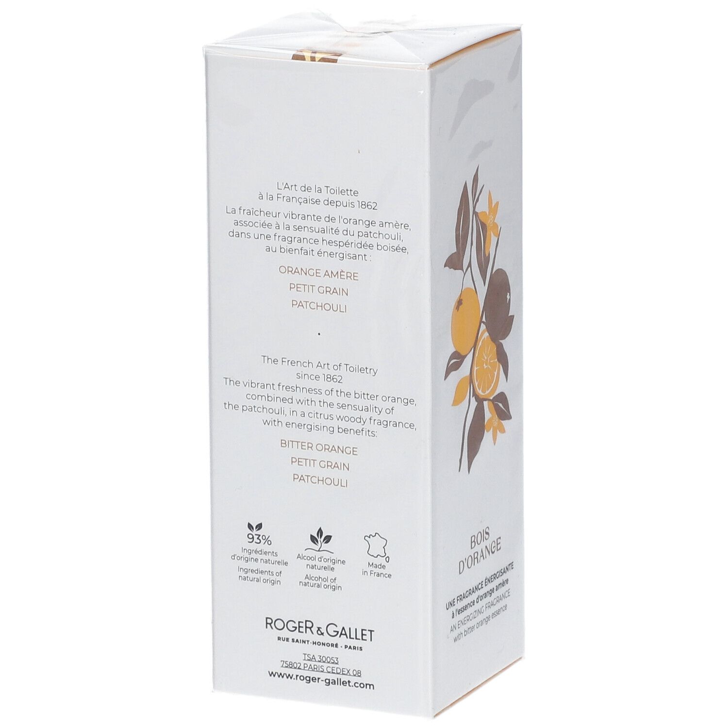 Retro della scatola bianca. Testo multilingue. Loghi e certificazioni. Bois d'Orange.