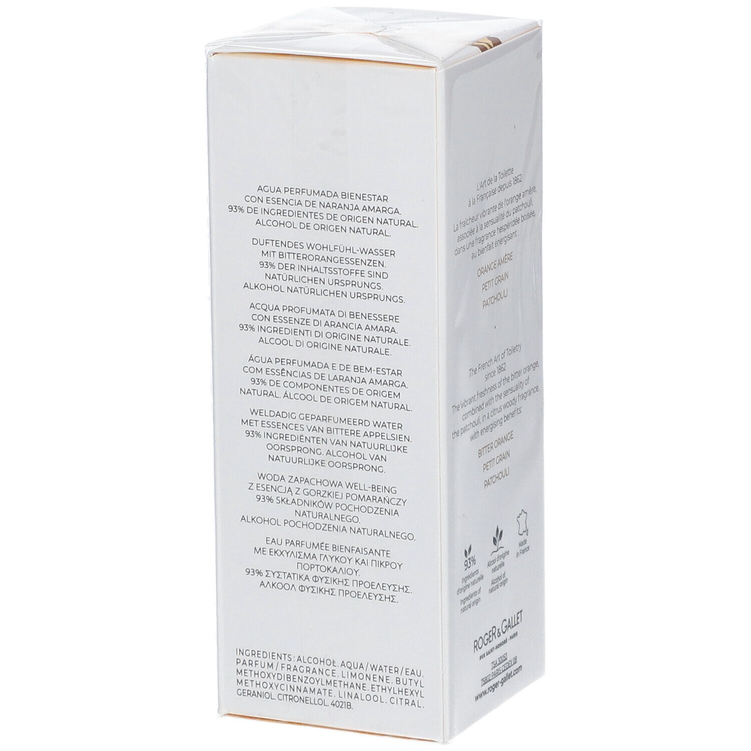 Lato della scatola bianca con testo multilingue. Logo ROGER & GALLET. Bois d'Orange.