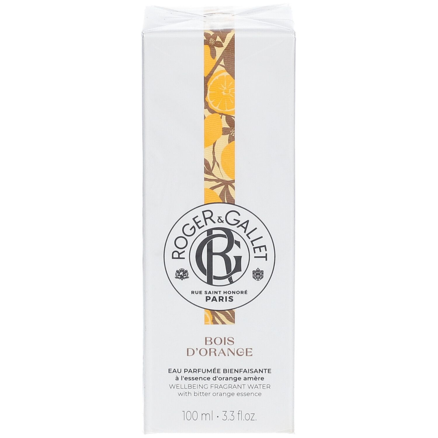 Scatola bianca ROGER & GALLET Bois d'Orange. Logo e testo. 100 ml. Illustrazione di arance.