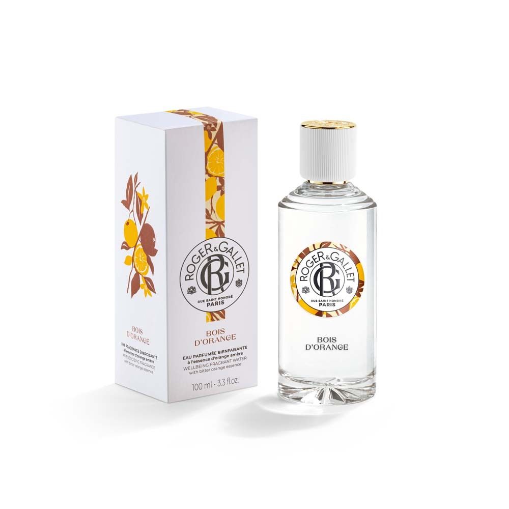Flacone e confezione del prodotto. Scatola bianca con logo e testo. Scritta: Bois d'Orange. 100 ml.