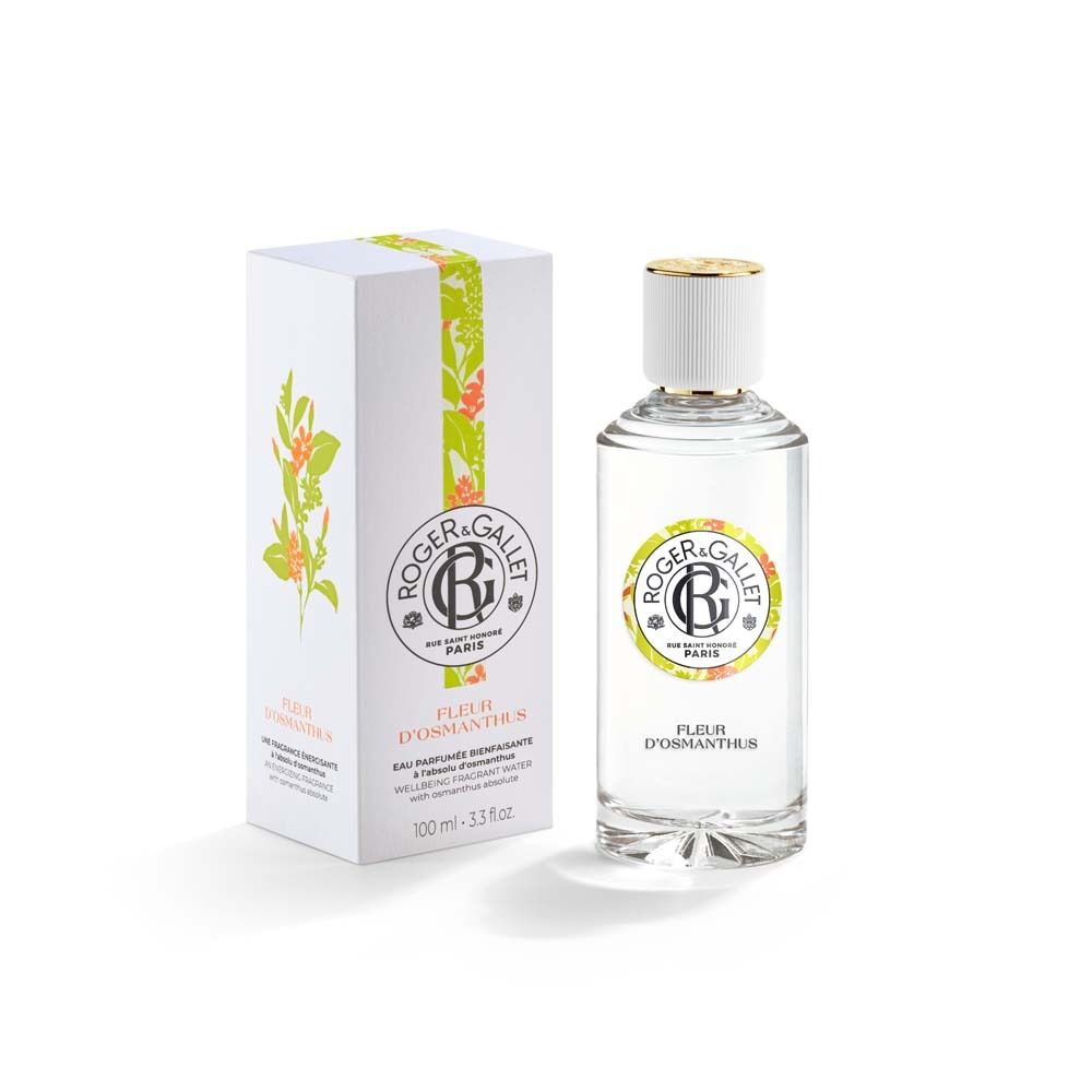 Flacone e confezione del prodotto. Confezione con logo e nome del prodotto: Fleur d'Osmanthus. 100 ml.