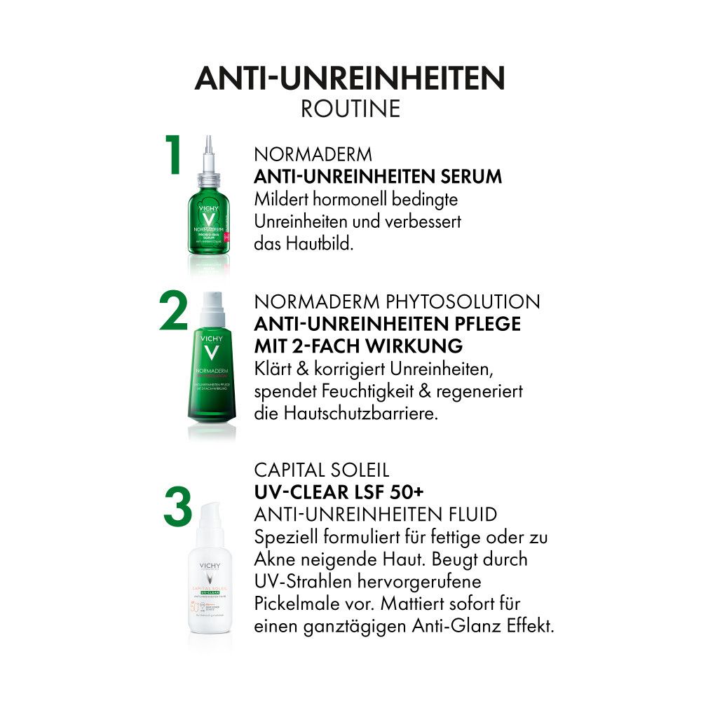 Mano che tiene un flacone Vichy Capital Soleil UV-Clear SPF 50+. Testo: Raccomandato da 50.000 dermatologi.