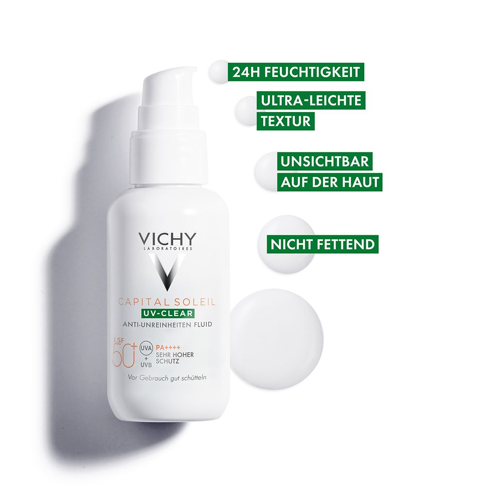 Flacone Vichy Capital Soleil UV-Clear SPF 50+. Testo: 24h idratazione, texture ultra-leggera, invisibile, non grassa.