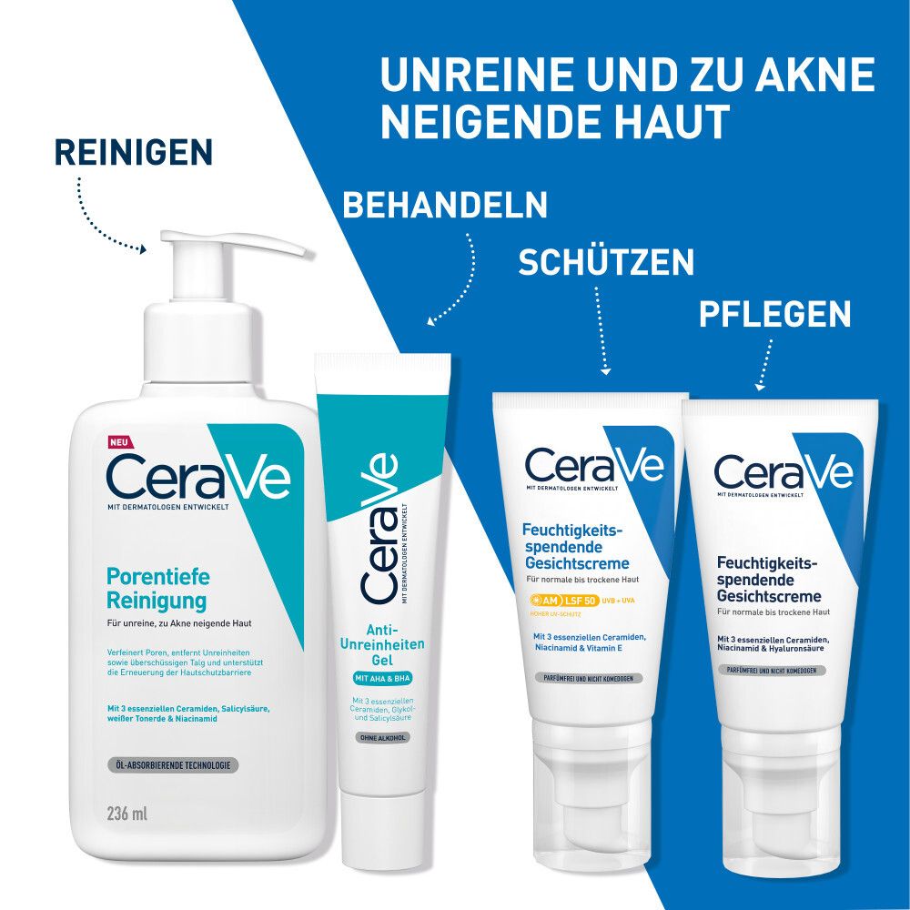 Gamma di prodotti CeraVe: Detergente, Gel Anti-Imperfezioni, Idratante viso.