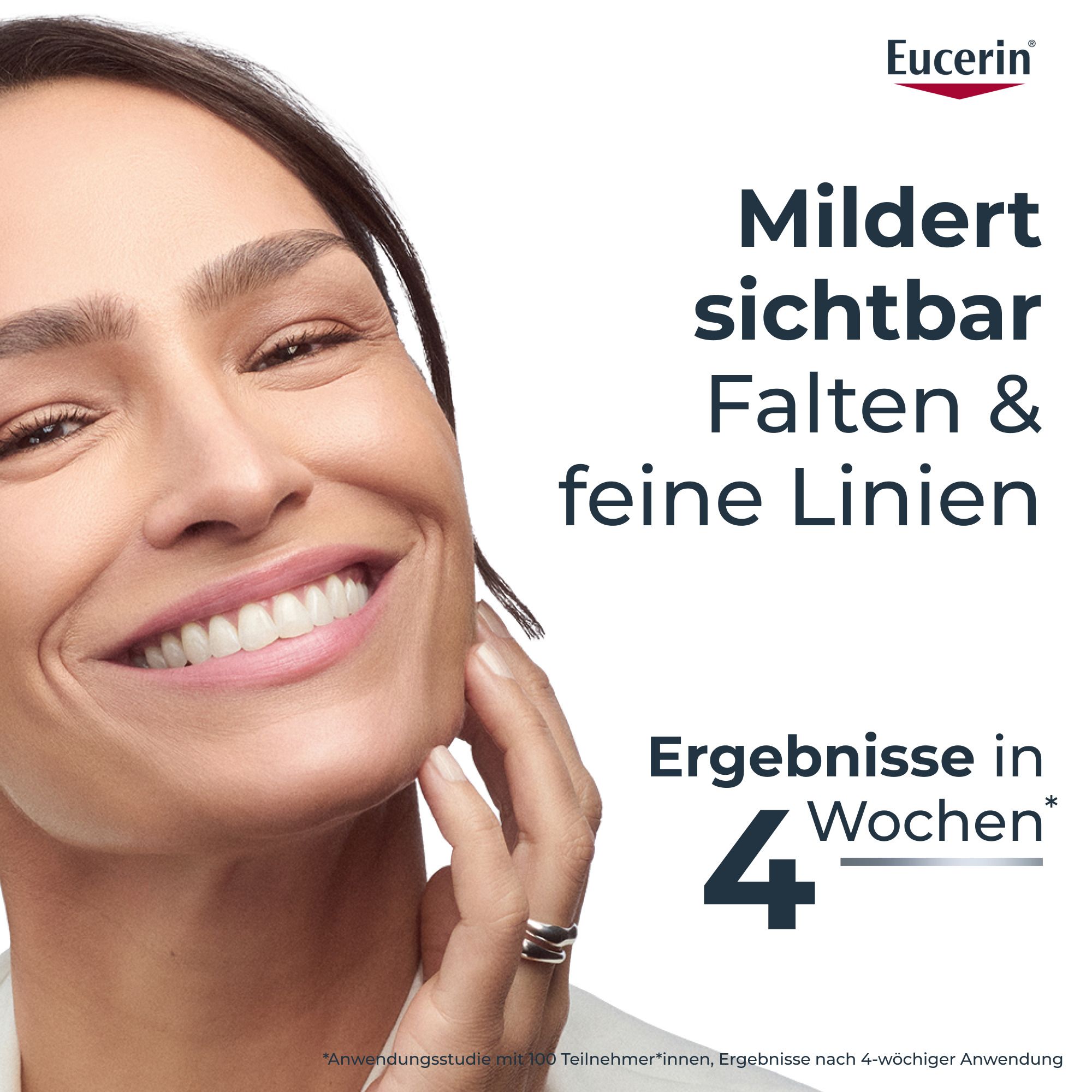 Donna sorridente, Eucerin attenua visibilmente rughe e linee sottili. Risultati in 4 settimane.
