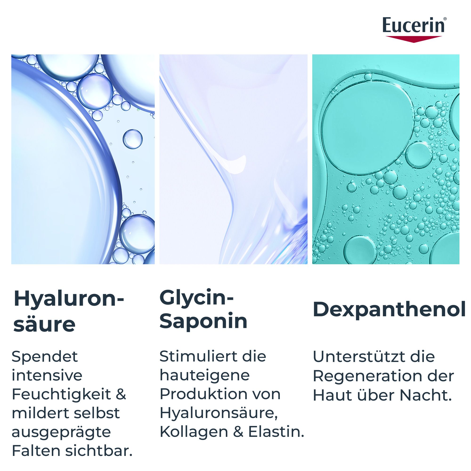 Eucerin: Acido ialuronico idrata, Glicina-Saponina stimola il collagene, Pantenolo rigenera.