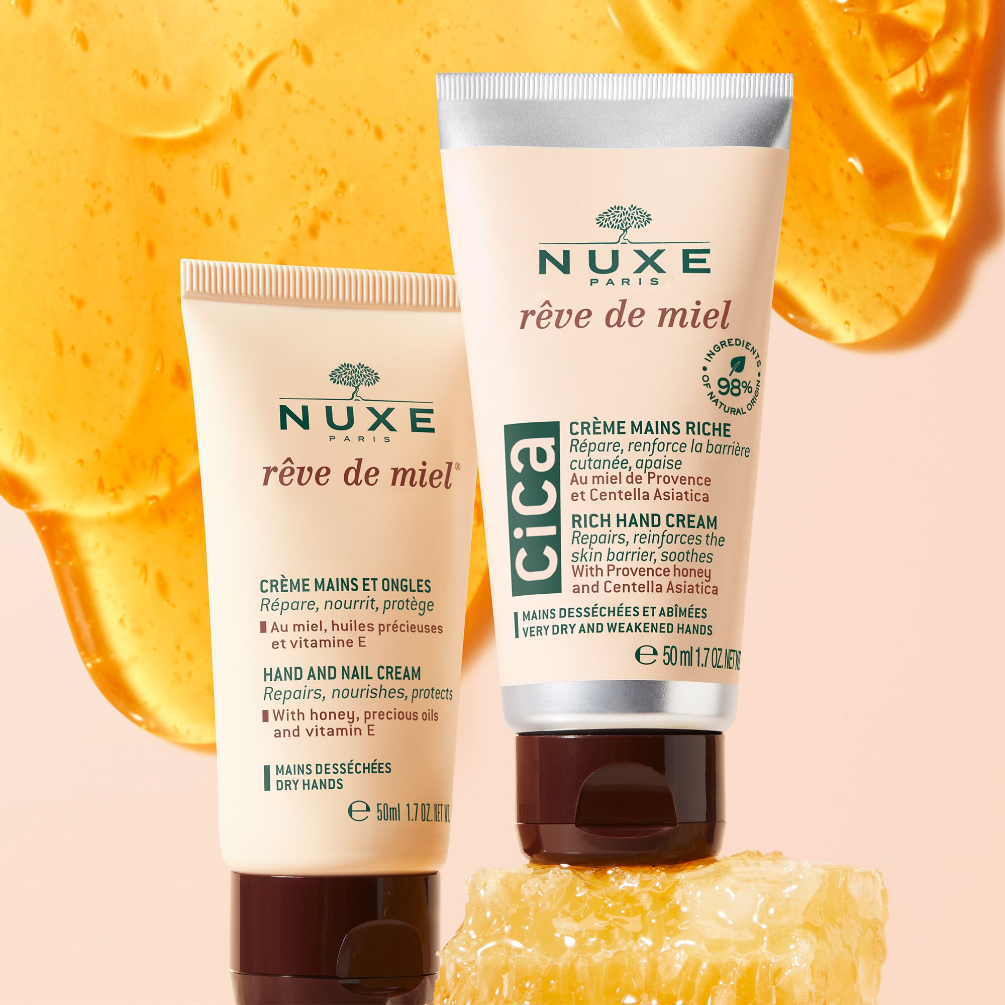 Due tubi NUXE Rêve de Miel. Crema Mani e Unghie e Crema Mani Cica. Favo.