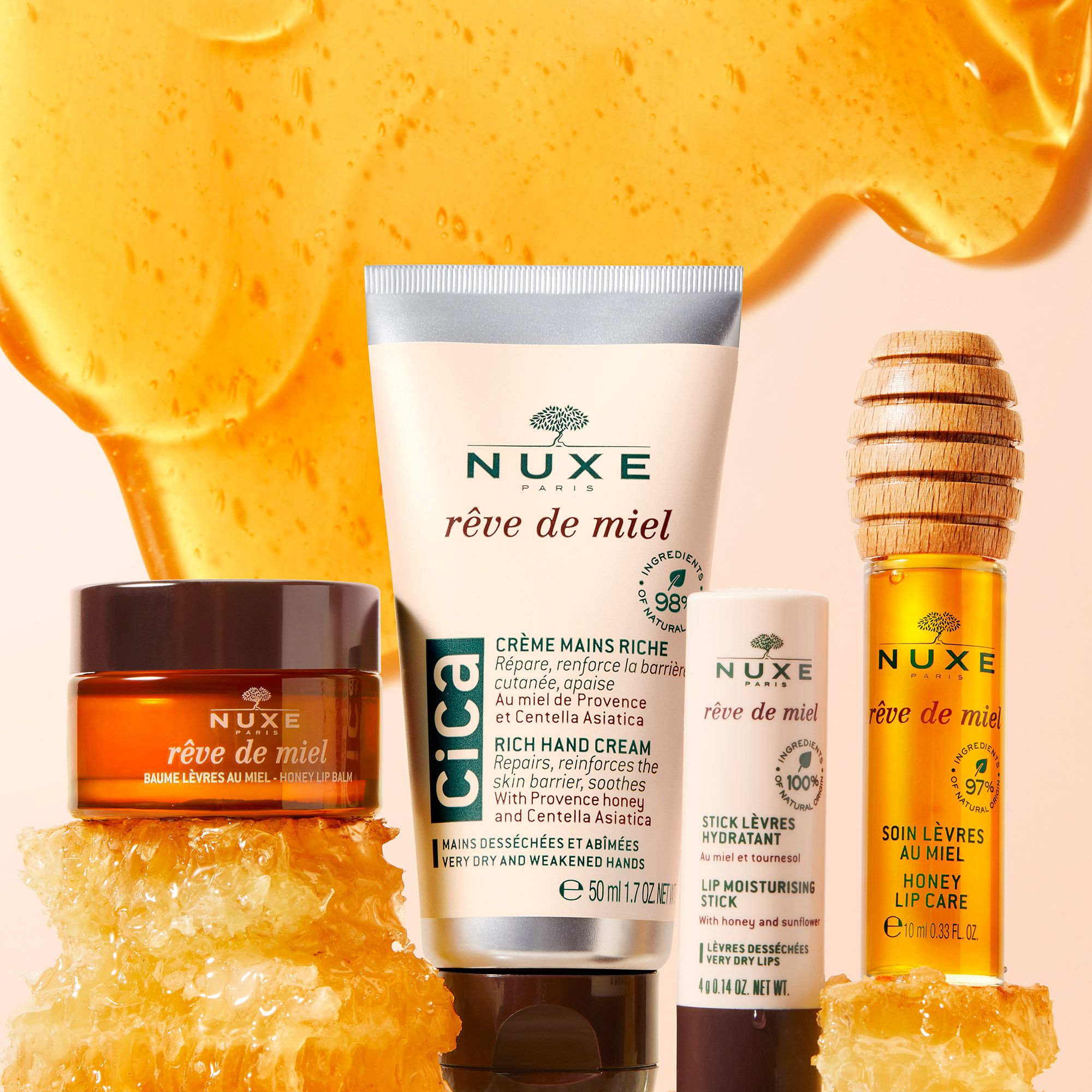 Nuxe Rêve de Miel: crema mani, stick labbra, balsamo labbra al miele e balsamo al miele.