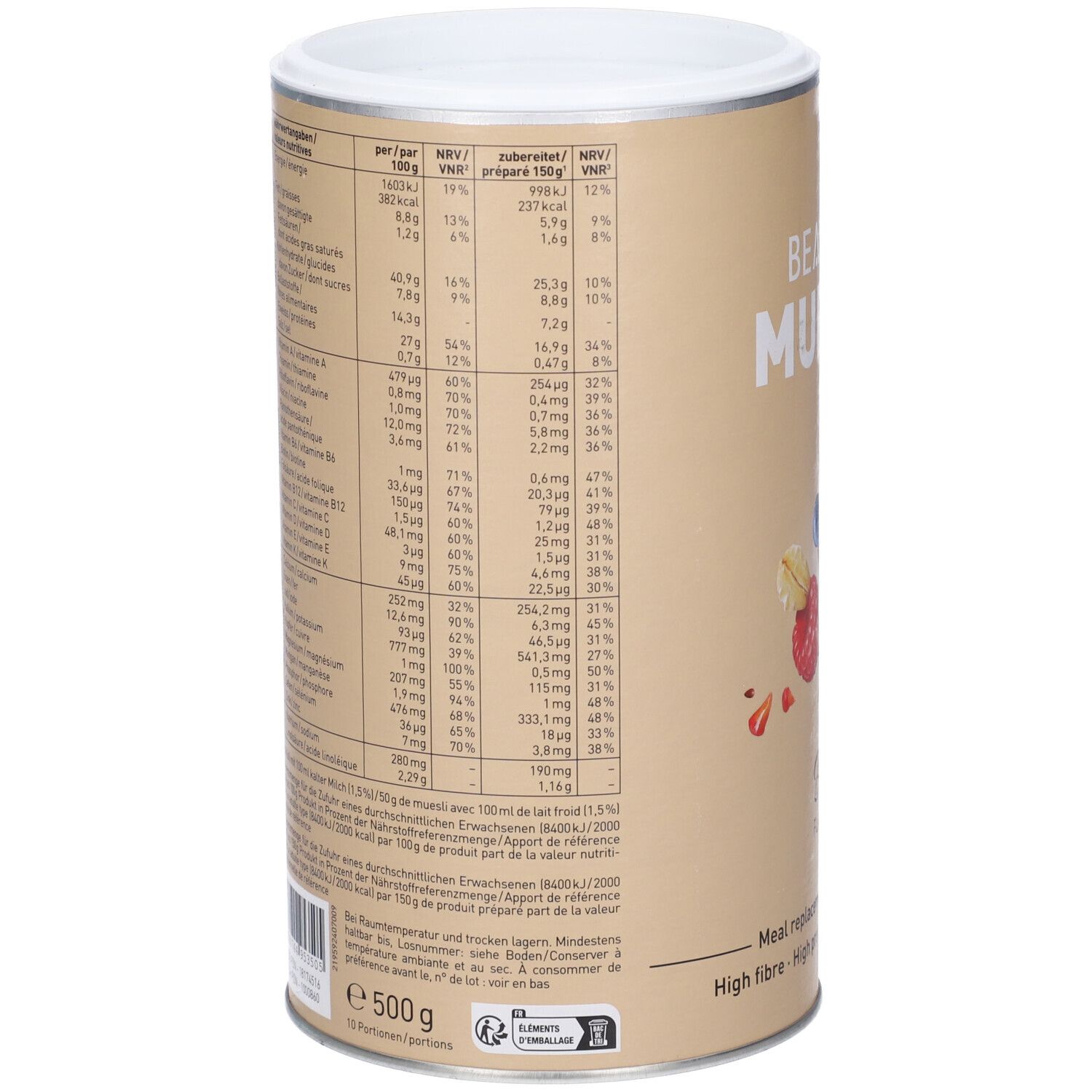 Retro della lattina con informazioni nutrizionali e lista degli ingredienti per BEAVITA Vitalkost Diät-Müsli, Frutti di Bosco.