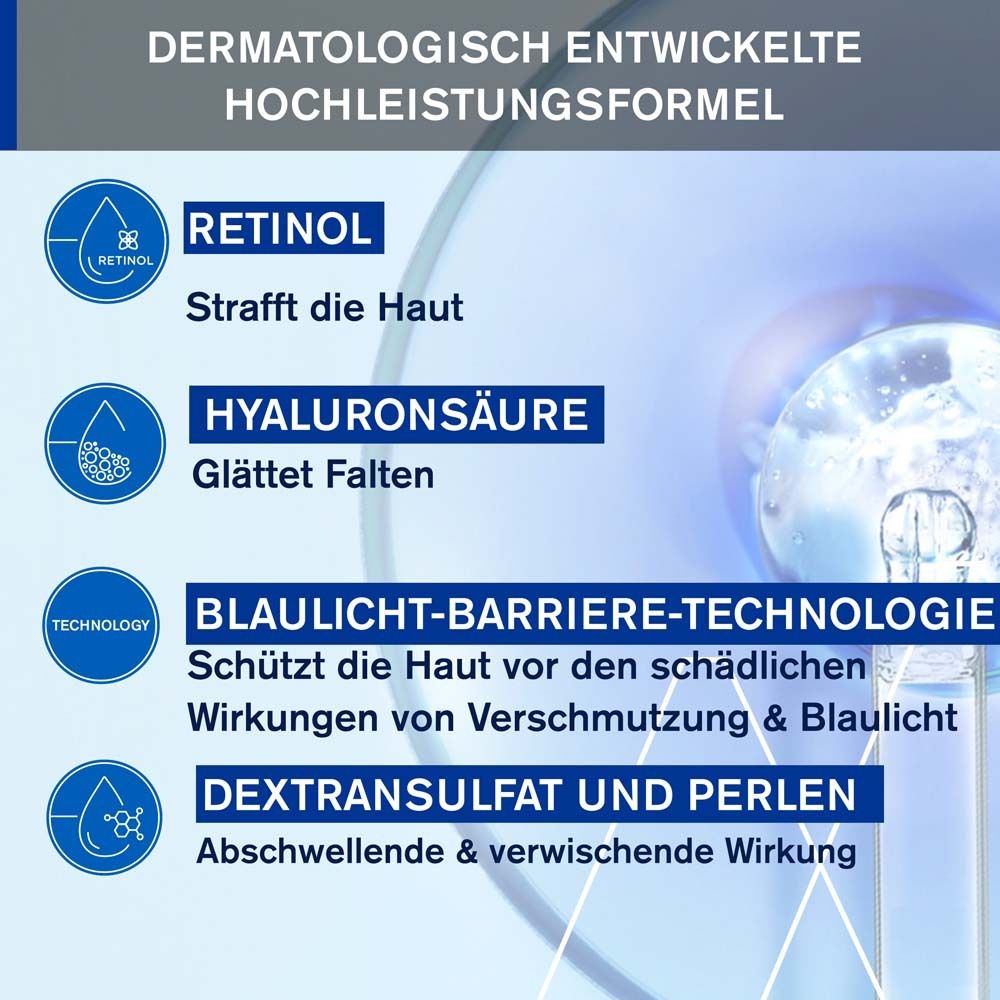 Grafico con ingredienti. Testo: Retinolo, Acido ialuronico, Tecnologia barriera luce blu, Destransolfato e perle.