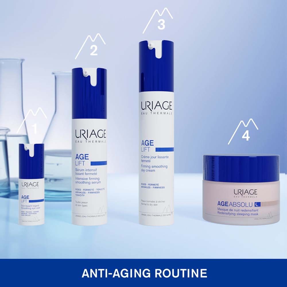 Diversi prodotti URIAGE AGE LIFT. Crema occhi, siero, crema giorno, maschera notte. Routine anti-età.