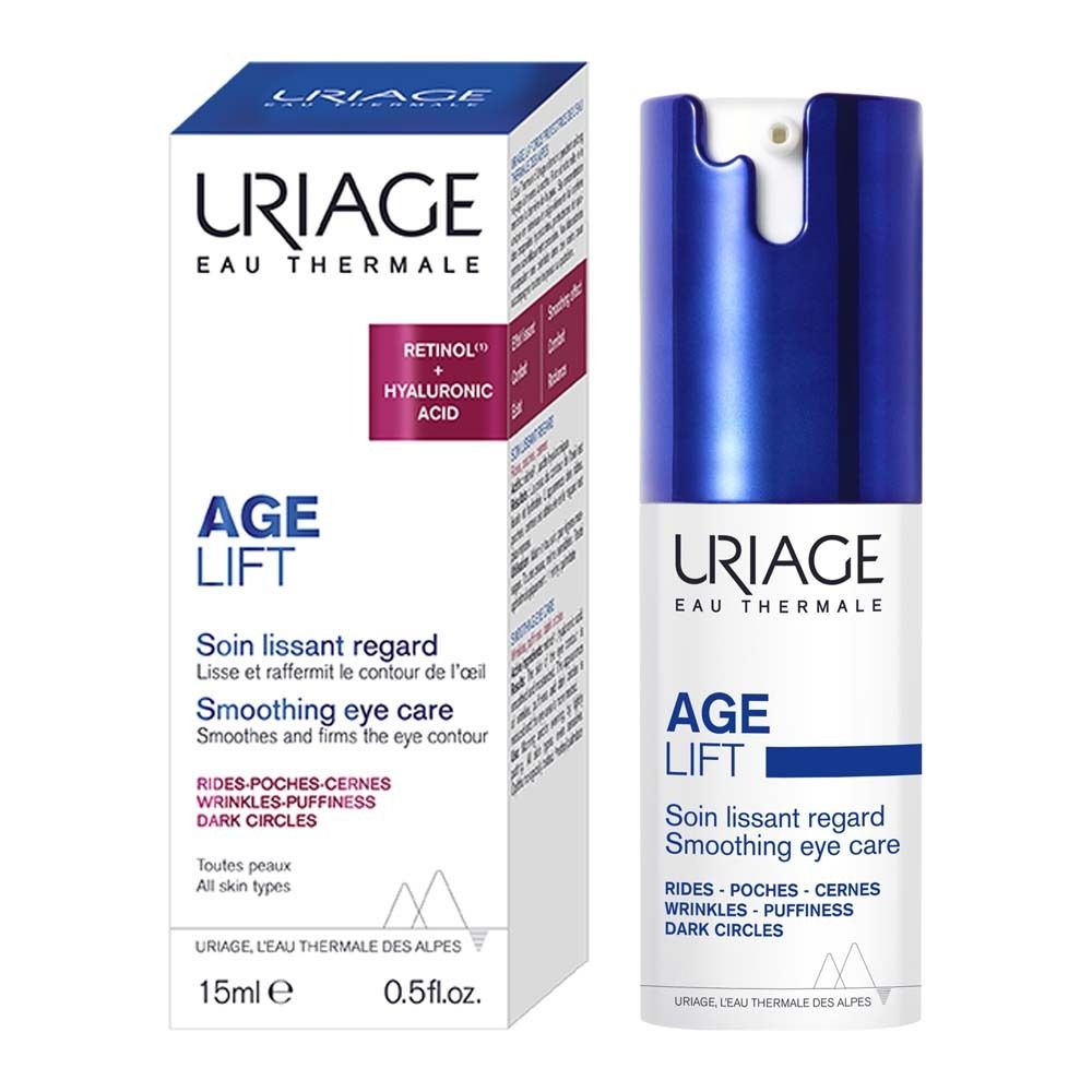 URIAGE AGE LIFT crema occhi e confezione. Testo: Retinolo + Acido ialuronico. Smoothing eye care. 15ml, 0.5 fl.oz.
