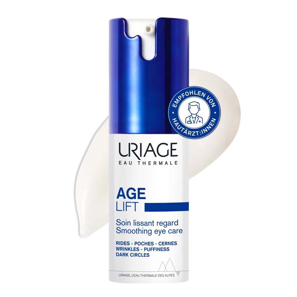URIAGE AGE LIFT crema occhi. Testo: Raccomandato dai dermatologi. Smoothing eye care. Contro rughe, occhiaie.