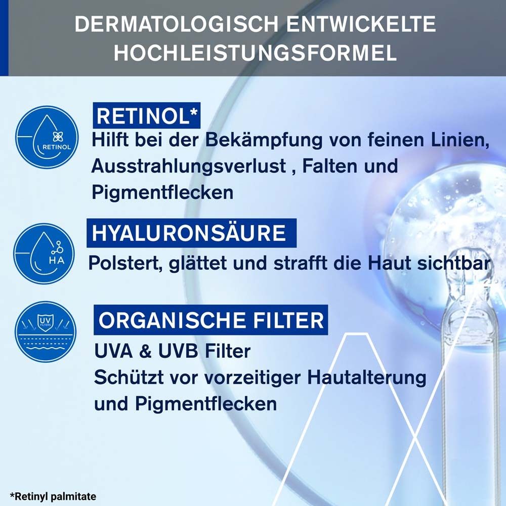 Formula ad alte prestazioni sviluppata dai dermatologi. Retinolo, acido ialuronico, filtri.