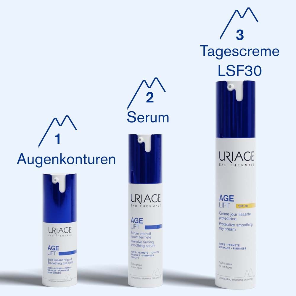 Prodotti Uriage Age Lift: contorno occhi, siero, crema giorno SPF30. Confezione blu e bianca.