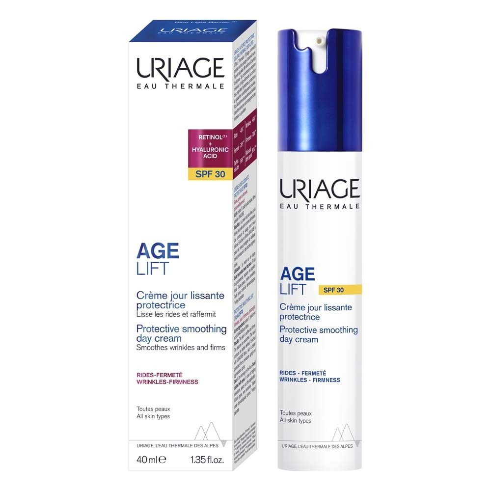 Uriage Age Lift LSF 30 crema. Confezione con prodotto e testo. 40ml. Tutti i tipi di pelle.