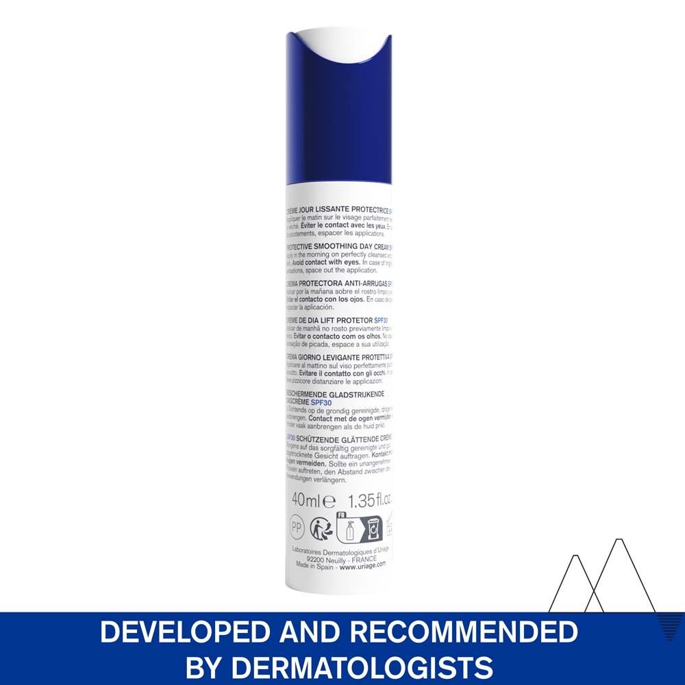Uriage Age Lift LSF 30 crema. Retro del flacone. Testo multilingue. 40ml.