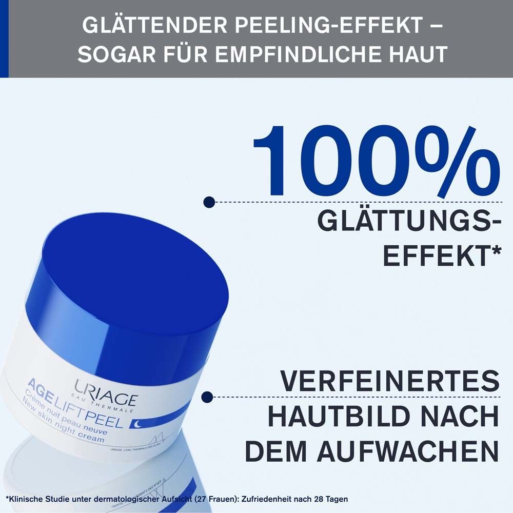 Vasetto di crema con tappo blu. Testo: 100% effetto levigante. Effetto peeling levigante. Grana della pelle affinata.
