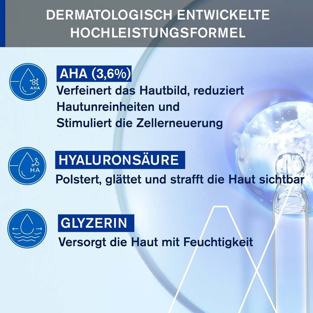 Grafico con ingredienti: AHA, acido ialuronico, glicerina. Testo: Affina, riduce, stimola, rimpolpa, leviga, idrata.