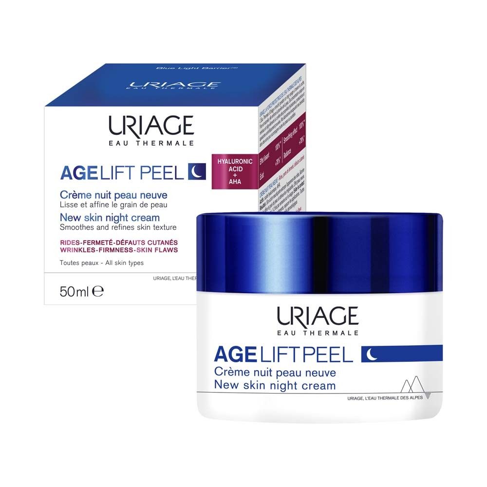 Confezione del prodotto con vasetto di crema. Testo: AGE LIFT PEEL, Crème nuit peau neuve. Con 50 ml e testo sulla confezione.