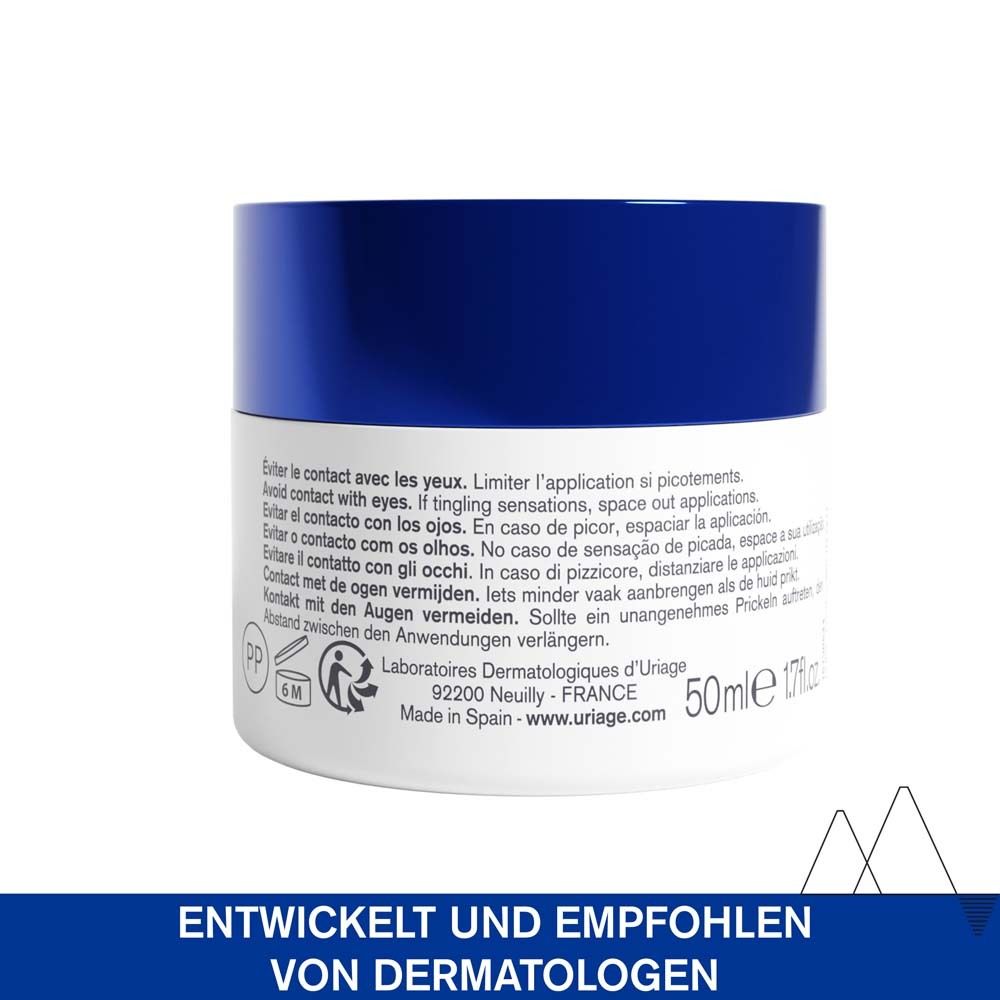 Retro del vasetto di crema. Testo: Sviluppato e raccomandato dai dermatologi. Testo e simboli.