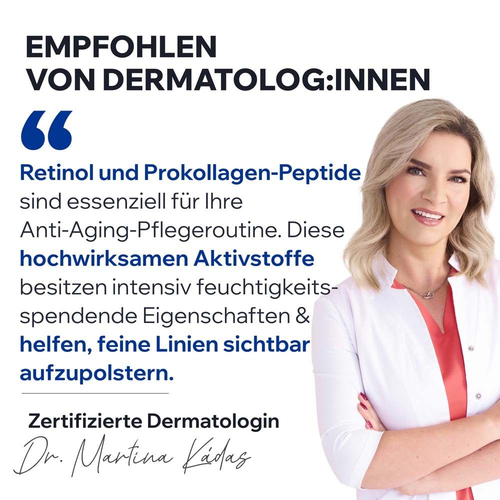 Dermatologa certificata Dr. Martina Kadas. Citazione: Retinolo e peptidi di pro-collagene essenziali per la cura anti-età.