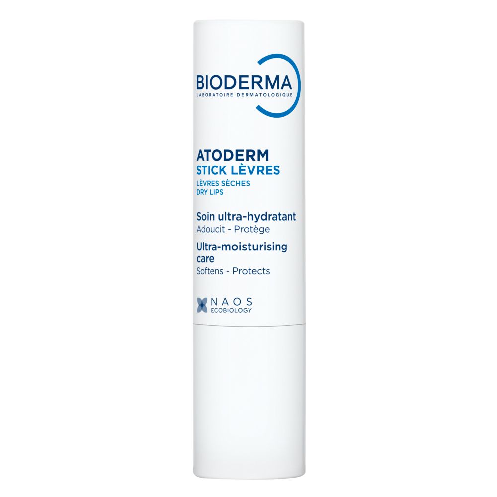 Infografica BIODERMA Atoderm Stick lèvres. Testo: Nutre e lenisce, Per labbra morbide, Protegge.