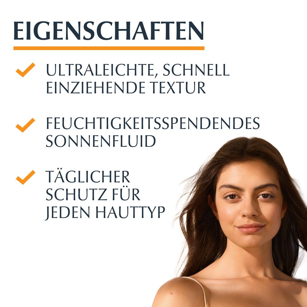Caratteristiche: texture ultraleggera, idratante, protezione quotidiana per tutti i tipi di pelle. Testo e loghi.