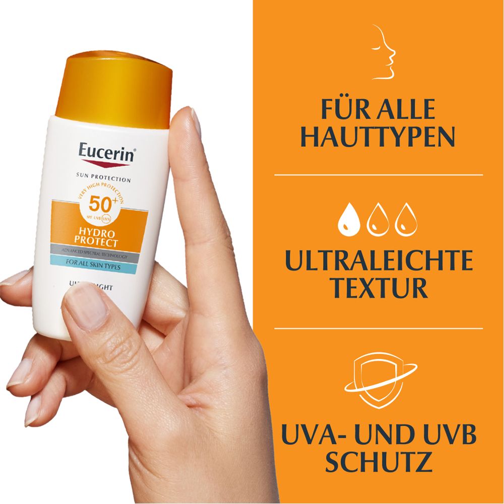 Mano che tiene un flacone di Eucerin Hydro Protect Face Sun Fluid LSF 50+. Sfondo arancione con testo e loghi.