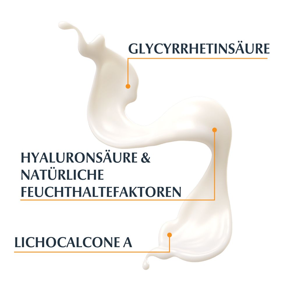 Sfondo bianco con ingredienti: acido ialuronico, acido glicirretinico e licochalcone A. Testo e loghi.