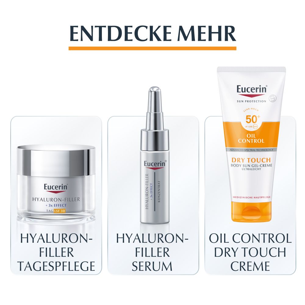 Tre prodotti Eucerin: Hyaluron-Filler Day Care, Hyaluron-Filler Serum, Oil Control Dry Touch Cream. Testo.