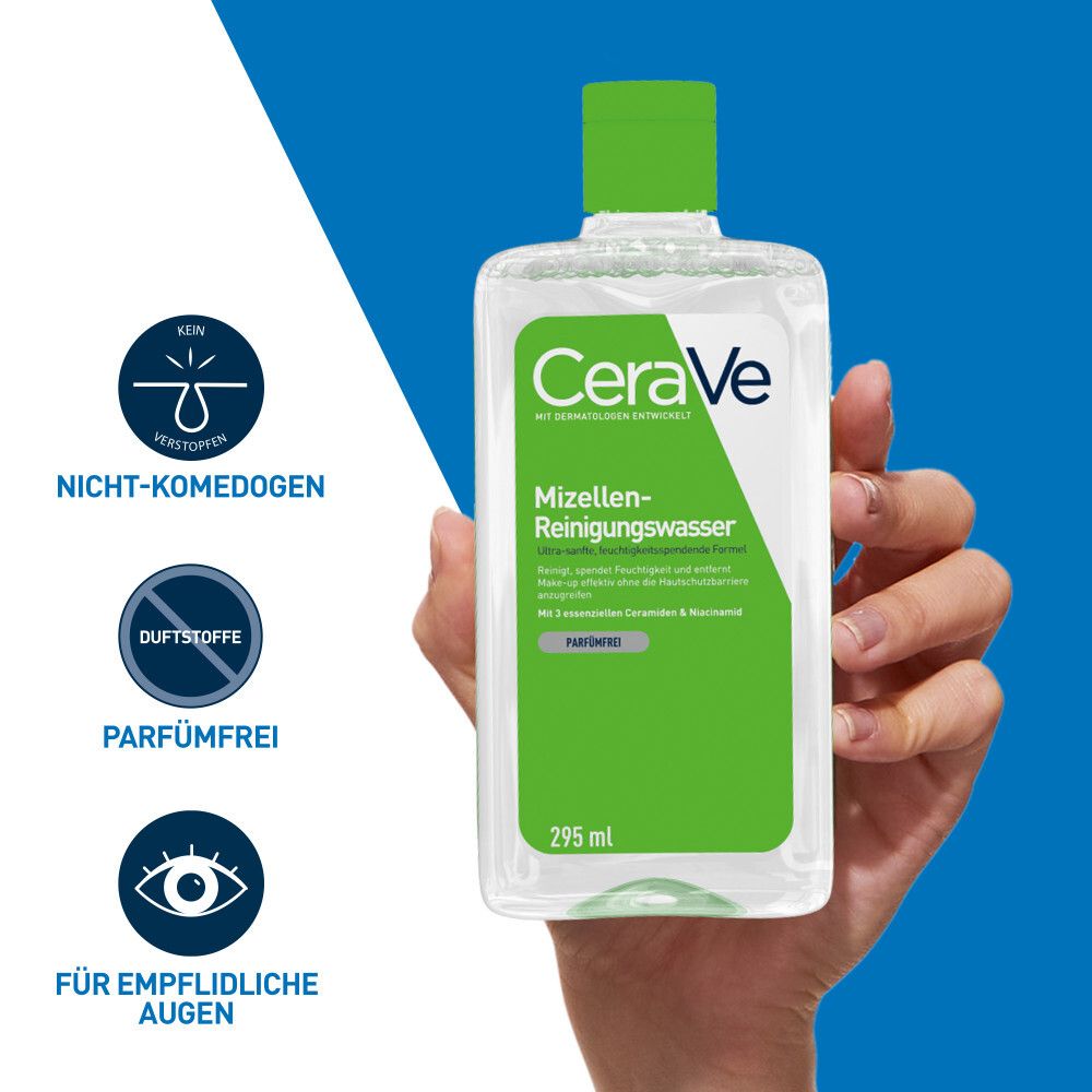 CeraVe Acqua Micellare. Bottiglia in mano. Non comedogenico, senza profumo, per occhi sensibili.