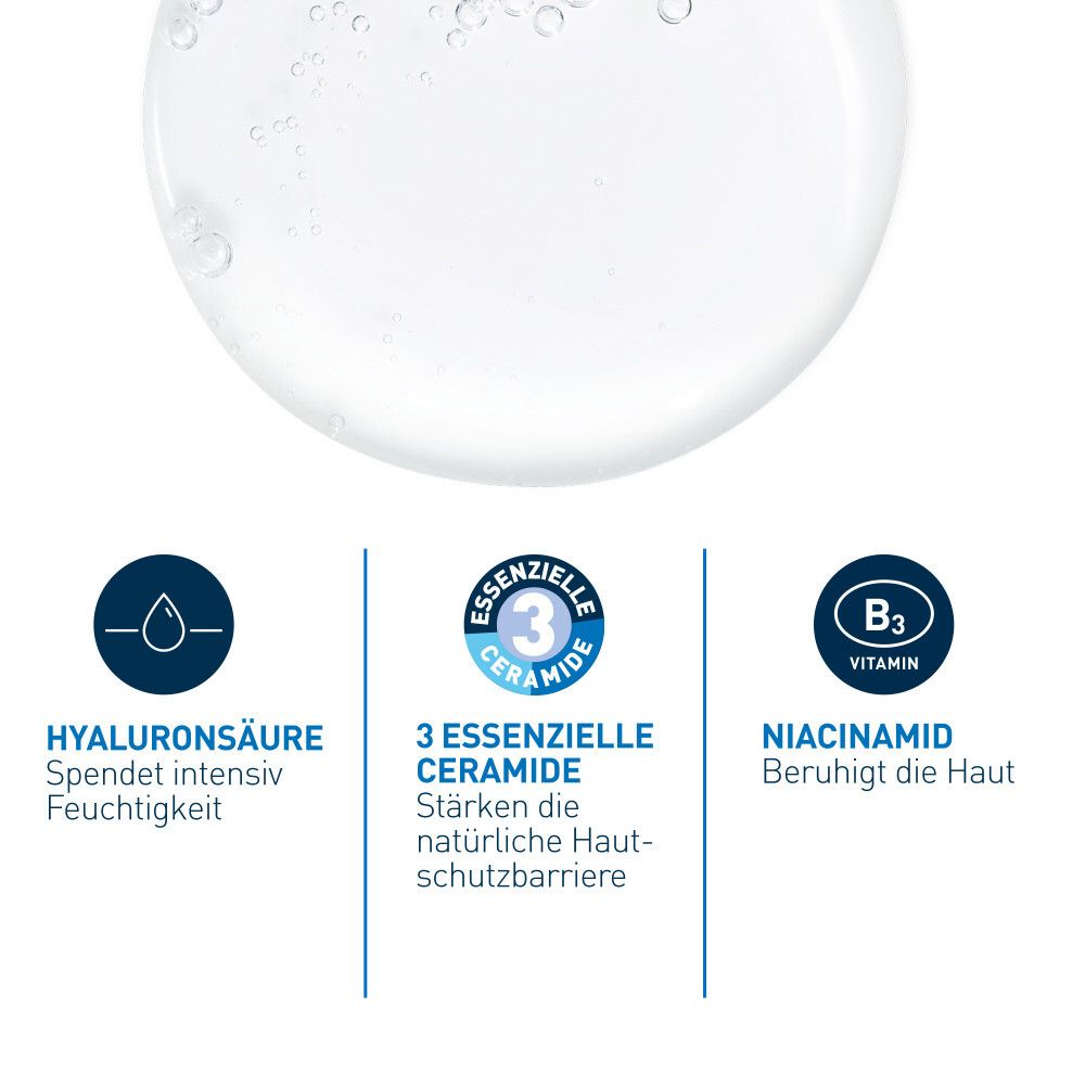 Grafico con acido ialuronico, 3 ceramidi essenziali e niacinamide. Didascalie in tedesco.