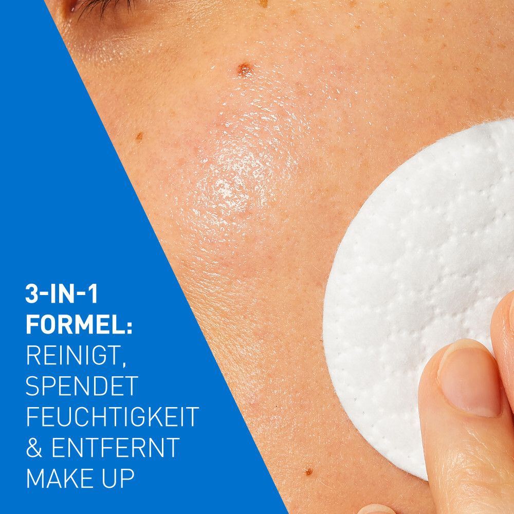 Viso con dischetto di cotone. Formula 3 in 1: deterge, idrata e rimuove il trucco.