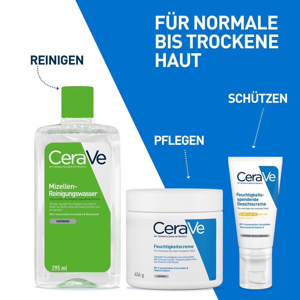 Prodotti CeraVe: Acqua Micellare, Crema Idratante, Lozione Viso Idratante.
