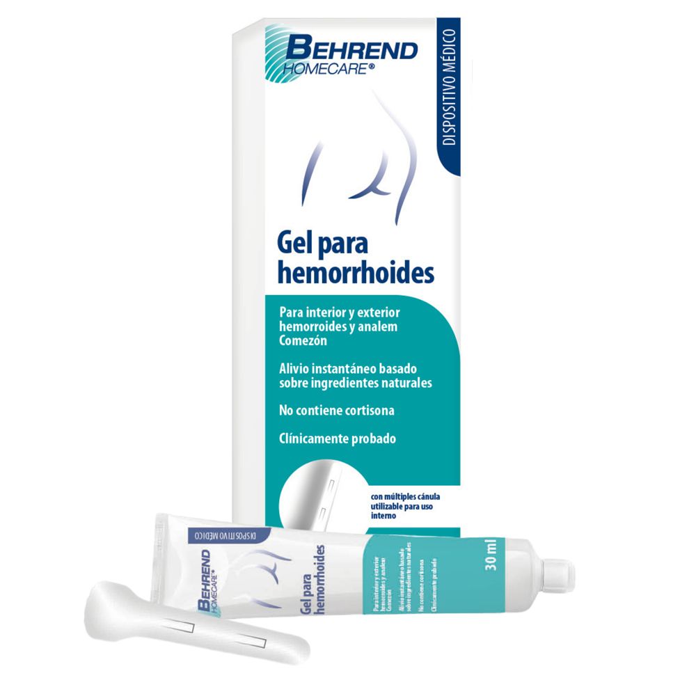 Logo Behrend Homecare. Testo: Gel per emorroidi. Indicazioni: emorroidi interne ed esterne, prurito anale, ecc.